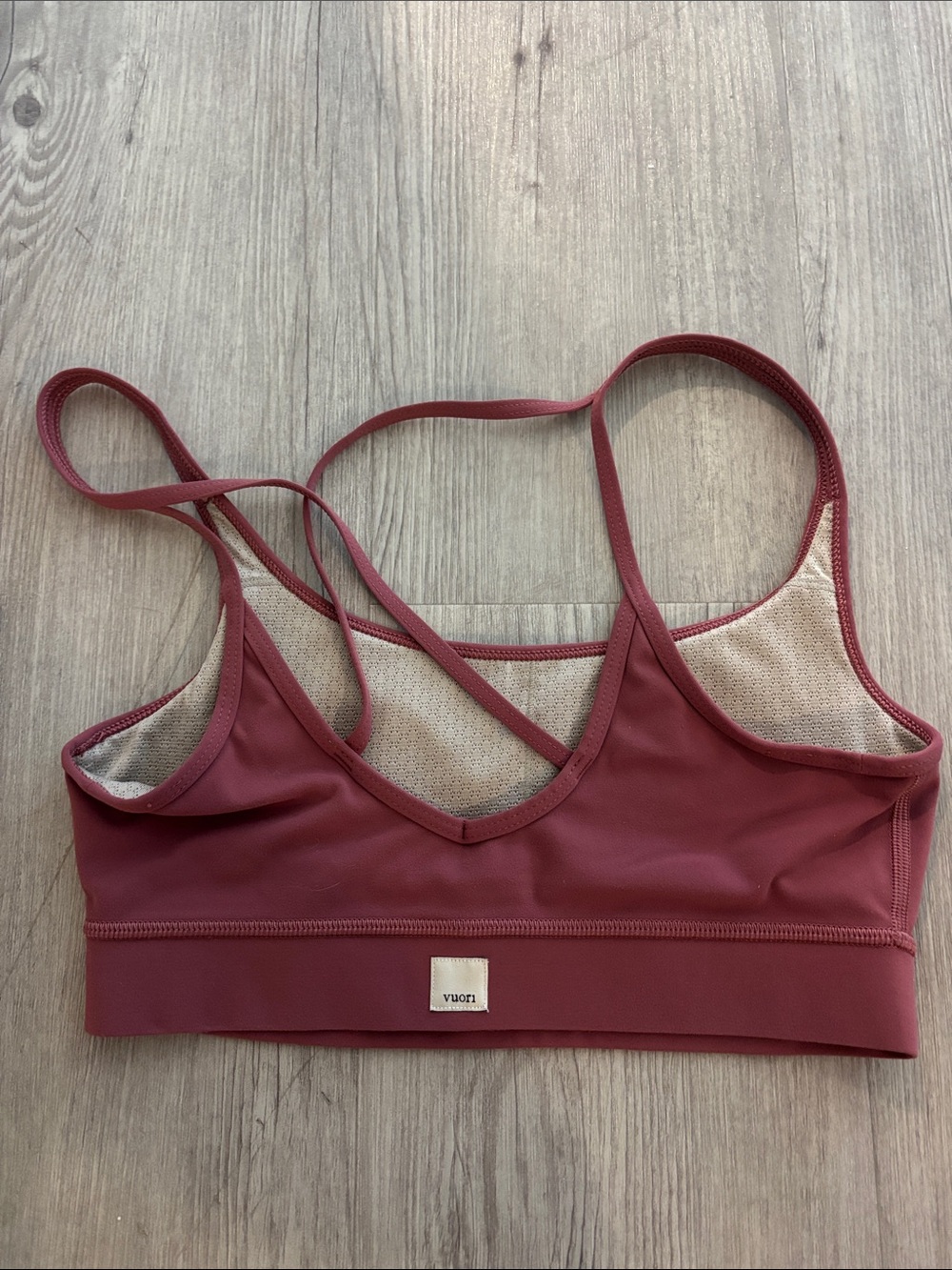 Vuori Strappy Sports Bra in Dusty Maroon. No pads